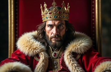 Powerful medieval king sits on throne. Majestic ruler wears golden crown, red robe with fur cape. Rich luxury. Historical figure. Royal portrait. Dominant posture. Ancient power. History photo.