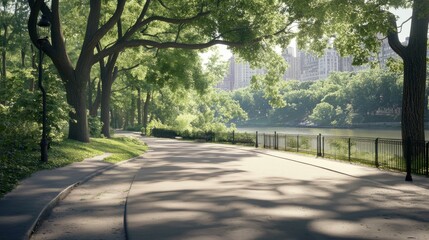Scenic park pathway by a serene water body