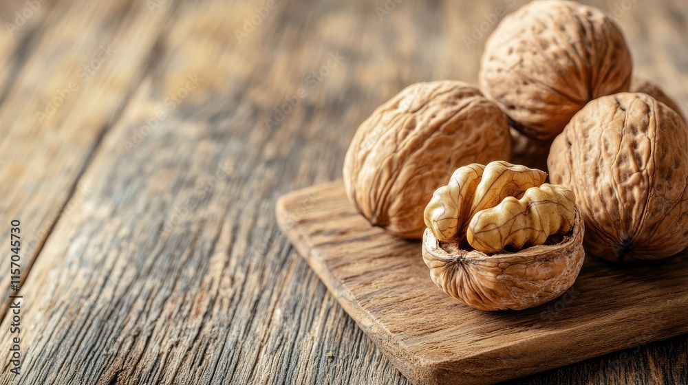 Poster walnuts on rustic wooden table showcasing whole and cracked shells with natural textures and copy sp