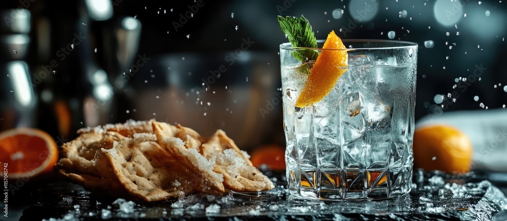 Poster Refreshing vodka cocktail with orange slice and crispy snacks on a dark background with ice and splashes of water