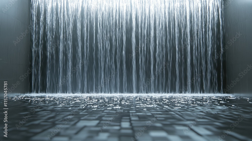 Poster Majestic indoor waterfall with flowing water creating a serene atmosphere and reflecting light on tiled surface in modern setting.