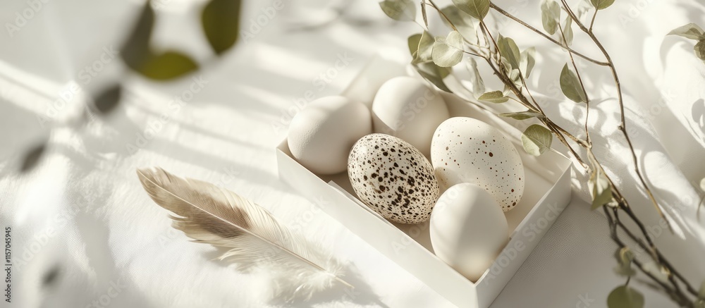 Poster easter spring still life mockup featuring quail and hen eggs with feather and greenery in stylish fe