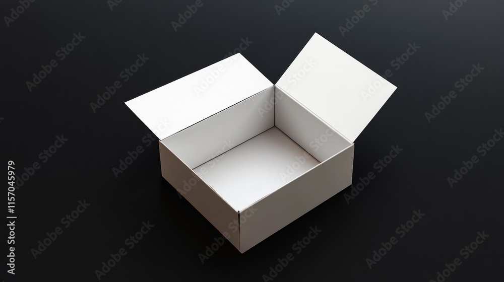 Poster Open white cardboard box on a solid black background showcasing empty space for branding or product display concepts.