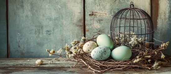 Nostalgic vintage Easter still life with decorative eggs in a nest alongside a birdcage against a rustic wooden backdrop