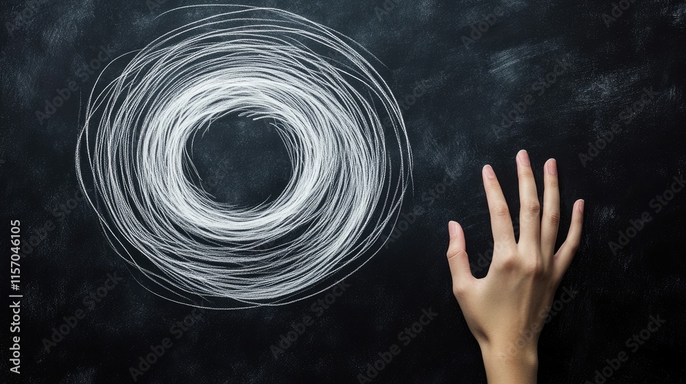 Poster chalk hand drawing circular design on blackboard background with human hand reaching towards abstrac