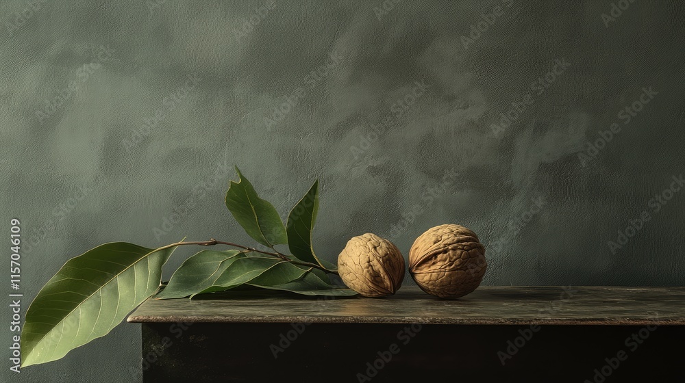 Poster walnuts on a rustic table with green leaves creating a natural and earthy still life composition