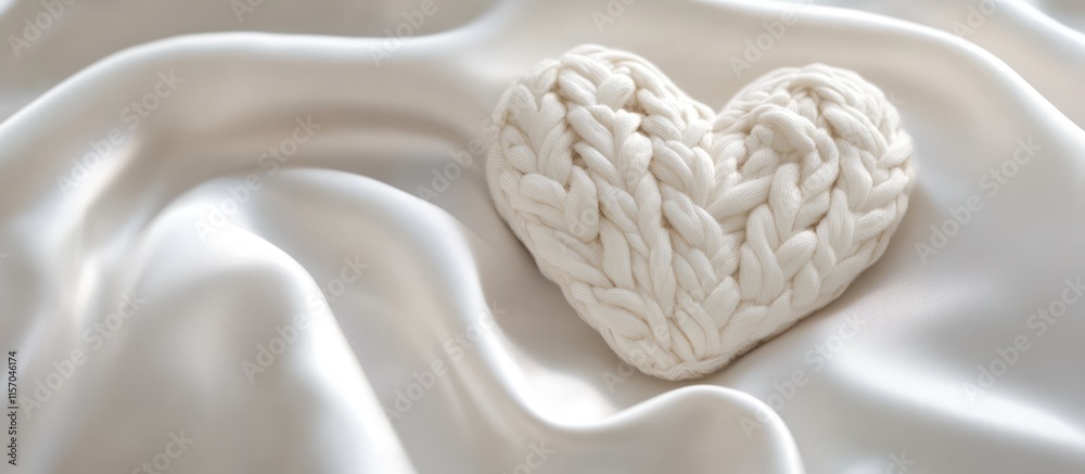 Poster elegant white silk fabric with soft folds and a cozy knitted heart providing ample copy space for de