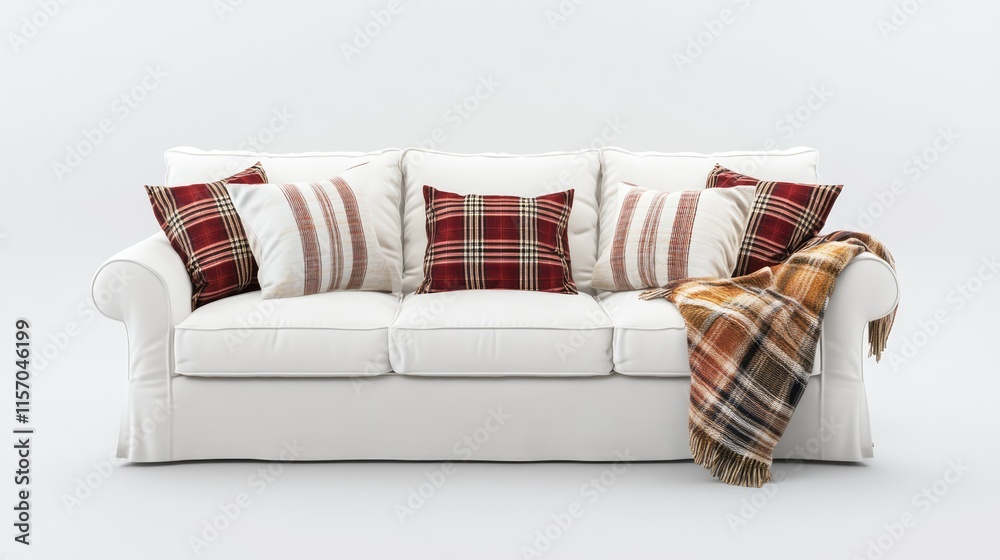 Poster cozy scandinavian style white sofa with patterned pillows and plaid throw on a minimalistic white ba