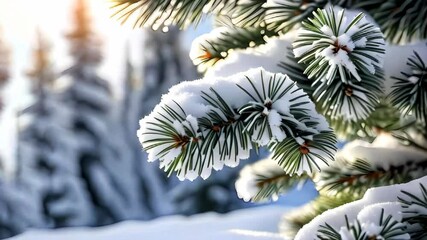 Animation snow-covered Christmas tree in the forest. Postcard for your business - Powered by Adobe