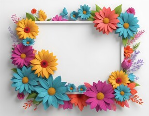 Obraz premium A vibrant floral frame featuring colorful flowers in shades on a white central space for gift, greeting and wedding cards. 