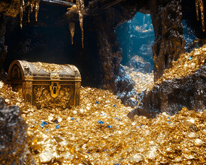 Ornate treasure chest overflowing with gold coins and jewels inside a dark, mysterious cave.  A magical, adventurous scene.