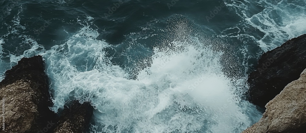 Poster waves crashing on rocky coastline with dramatic foam and oceanic textures creating a powerful natura