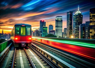 Fototapeta premium Silhouette of Fast Subway Train, Red and Green Cars Blurred Motion, Cityscape Background