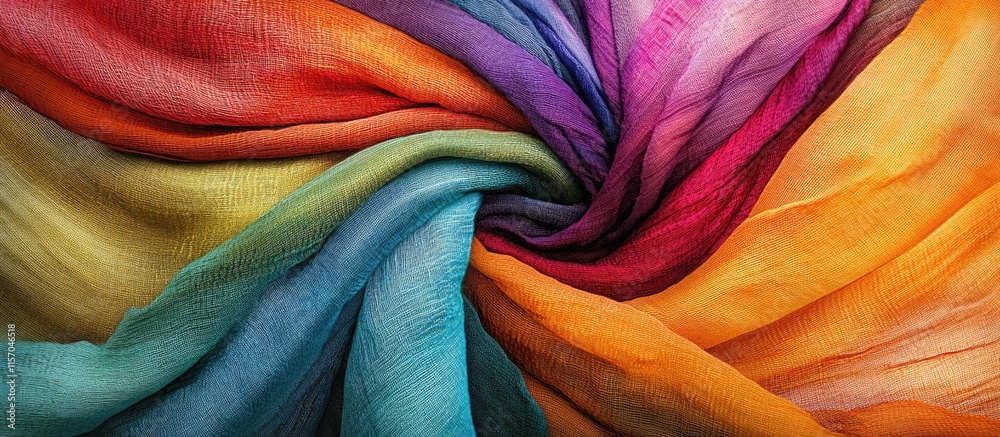 Poster Vibrant fabric textures in a swirl highlighting intricate craftsmanship and artistic creativity through mobile photography.