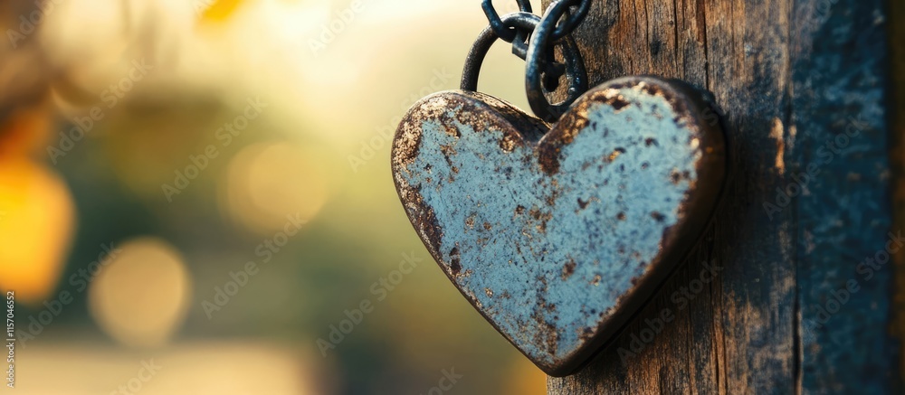 Poster rusty heart-shaped wedding locks hanging on an iron chain against a rustic wooden board with a soft 