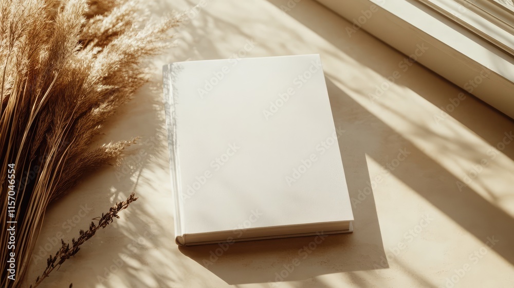 Poster minimalist white book mockup placed on a beige table with pampas grass decoration and soft natural l