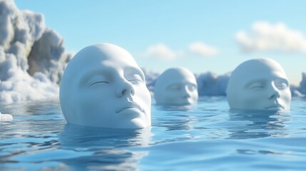 Naklejka premium Serene faces floating in tranquil blue waters.