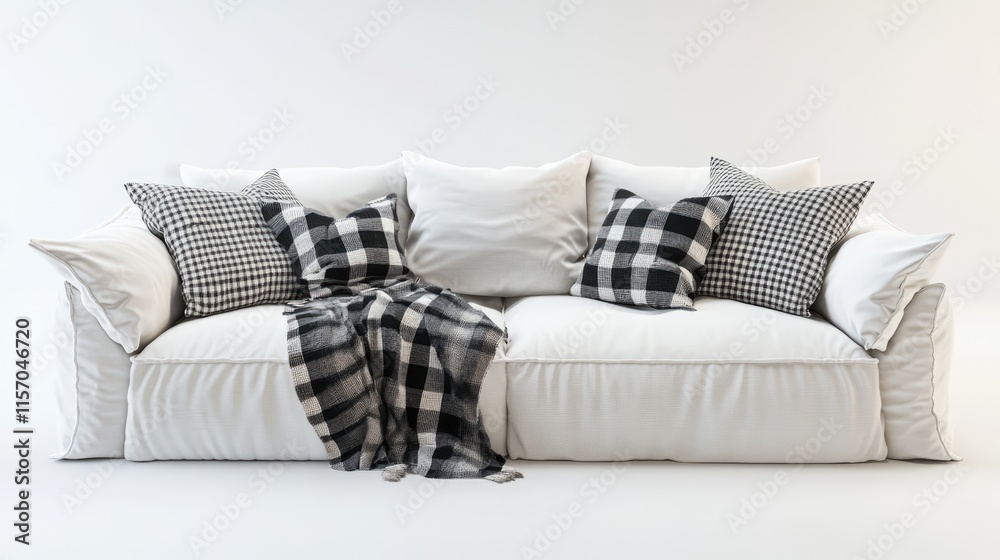 Poster cozy white sofa adorned with pillows and plaids in scandinavian style minimalistic interior design 3