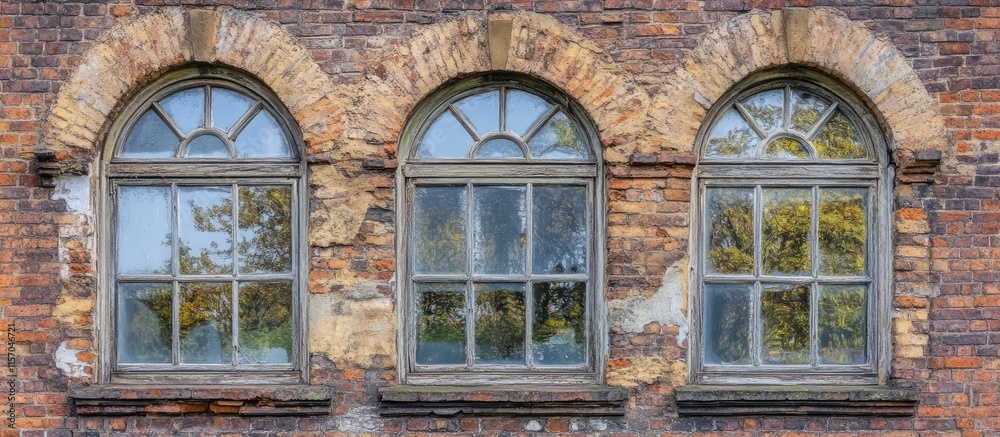 Poster Weathered ancient windows in rustic bricks highlighting architectural history and timeless charm of aged structures