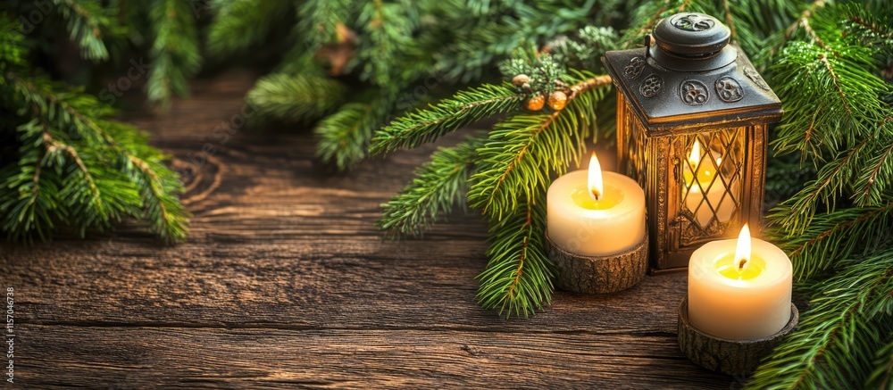 Leinwandbilder warm festive scene with candles fir branches and lantern on rustic wooden table ideal for creating a