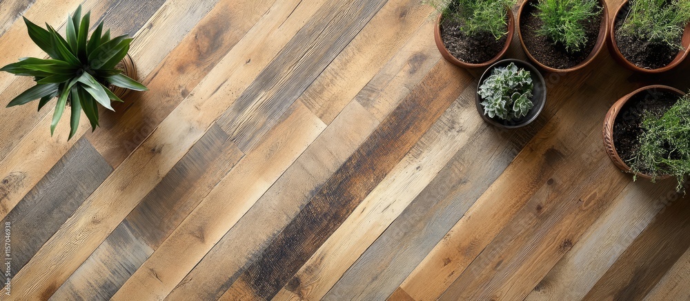 Poster rustic hardwood floor showcasing unique grain patterns complemented by potted plants for charming in
