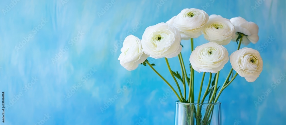 Poster white ranunculus flowers elegantly arranged in a clear glass vase set against a serene blue backgrou