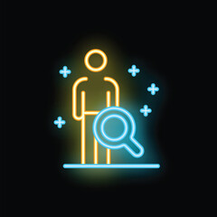 Neon sign of a businessman standing with a magnifying glass on a black background
