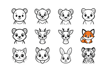 Cute Baby Animals Heads Vector Line Art Illustration, Adorable Minimalist Designs.
