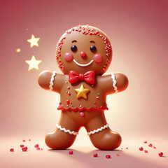 Fototapeta premium Cute smiling gingerbread man cookie with red bow tie surrounded by red candies