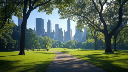 Obraz premium Serene park pathway with city skyline view.