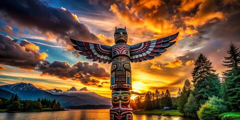 Obraz premium Silhouette of Thunderbird Totem Pole, Stanley Park, Vancouver, BC, Canada - September 26, 2024