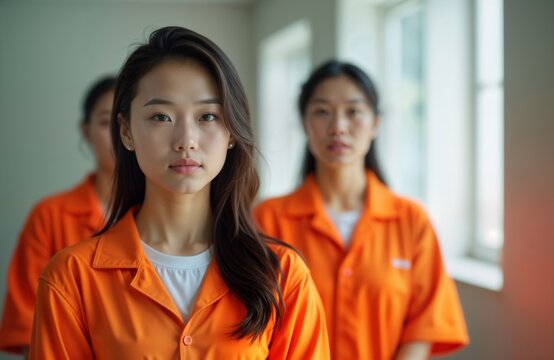 Asian women wear orange prison uniforms. Serious expressions. In correctional facility. Indoor setting. Possible topics crime, justice system, human rights, social issues, prisoner. Photo for stock.