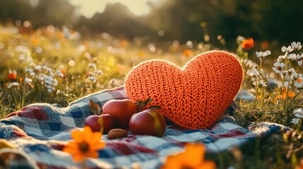Fototapeta premium A Cozy Heart on a Blanket Surrounded by Flowers and Fruits in a Sunny Field