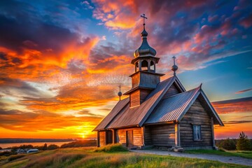 Fototapeta premium Silhouette of Wooden Church at Sunset, Karelia, Russia