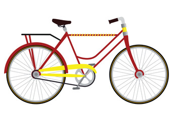 Illustration of a vintage red bicycle with a classic design, featuring yellow accents and a rear carrier, perfect for cycling-themed projects, posters, and educational materials.