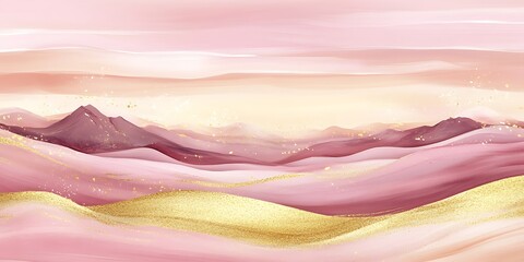 Pink and gold abstract landscape with mountains and flowing lines.