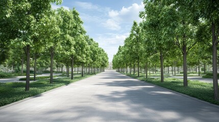 Fototapeta premium Serene tree-lined avenue under a blue sky.