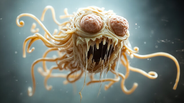 Flying spaghetti monster, symbol of pastafarian religion, atheism