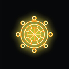 Golden neon icon of a ship steering wheel glowing on black background