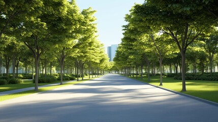 Serene tree-lined street in a modern city.