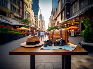 A traveler's essentials a straw hat, camera, leather bag, and map rest on a table overlooking a bustling city street.  The scene evokes adventure and exploration.