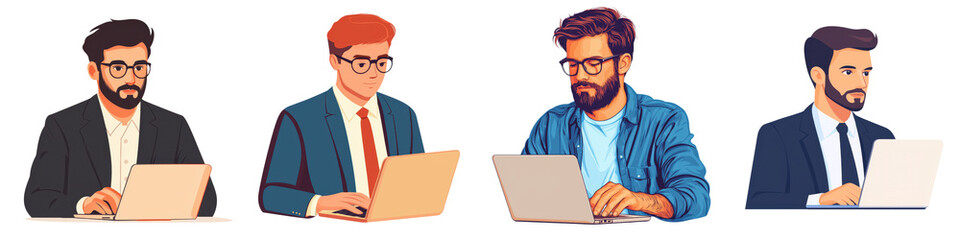 Diverse group of professional businessmen sitting at desks and working on laptop computers brainstorming and discussing business strategy career and technology concepts