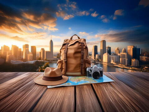 A tan leather backpack, camera, and fedora rest on a wooden deck overlooking a stunning cityscape at sunset.  Adventure awaits! - Powered by Adobe