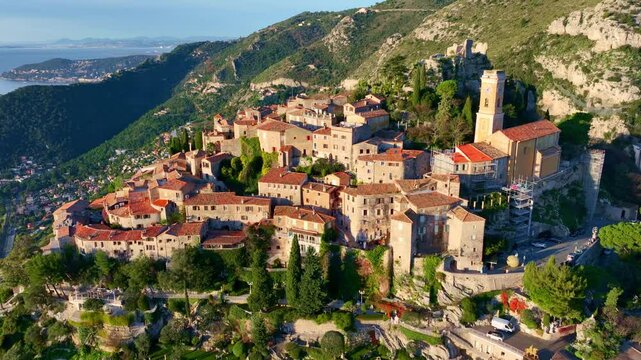 Sunrise aerial view of beautiful French Village of Eze on the Mediterranean Sea coast in French Riviera, Cote d'Azur vacation, holiday destination Eze village in south of France