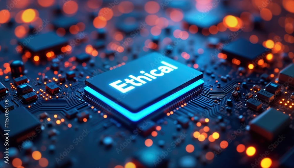 Poster Futuristic circuit board with glowing neon lights. Ethical AI chip highlights moral considerations in tech development. Advanced tech with digital components. Modern cybernetic innovation. Complex