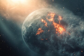 Obraz premium Destruction of a planet engulfed in flames and smoke amidst a cosmic backdrop