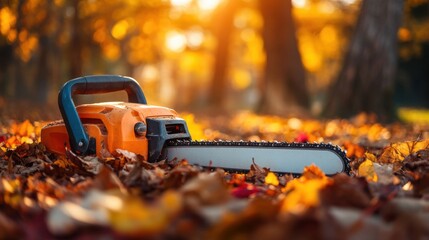 Naklejka premium Chainsaw Lying on Colorful Autumn Leaves in Sunlit Forest Setting