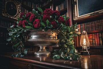 A lavish arrangement of deep red roses in a silver bowl, adorned with lush greenery, sits on a rich wooden surface in a library setting.