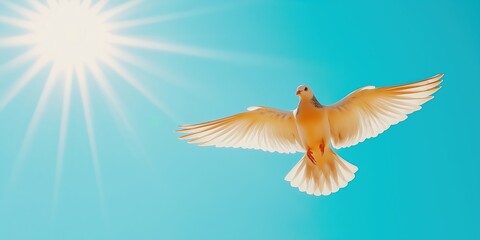 Fototapeta premium A serene dove gracefully soaring under the vibrant and bright sun, serving as a powerful symbol of peace and renewal during the joyful Easter celebration, which brings happiness and hope to all