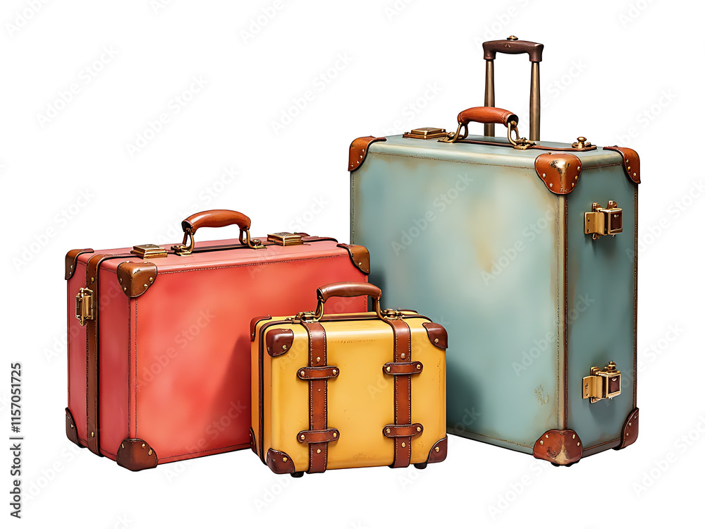 Poster retro vintage three suitcases painted in watercolors with isolated white background on a transparent